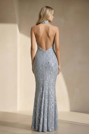 Halter Sequins Gown With Beading in Silver - SHE IS ME