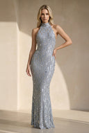 Halter Sequins Gown With Beading in Silver - SHE IS ME