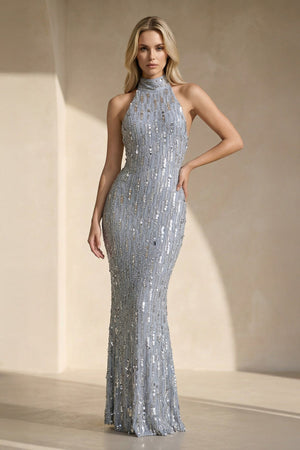 Halter Sequins Gown With Beading in Silver - SHE IS ME