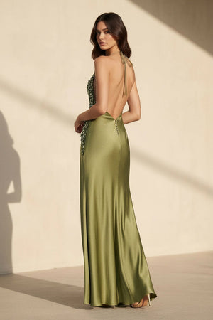 Halter Sequins Maxi Dress With Slit in Olive - SHE IS ME PROM DRESSES