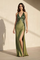 Halter Sequins Maxi Dress With Slit in Olive - SHE IS ME