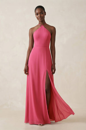 Halter Sheath Chiffon Bridesmaid Dress with Slit in Fuchsia - SHE IS ME Bridesmaid Dresses