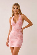 Pink Halter Sheath Embroidered Satin Homecoming Dress | SHEISME
