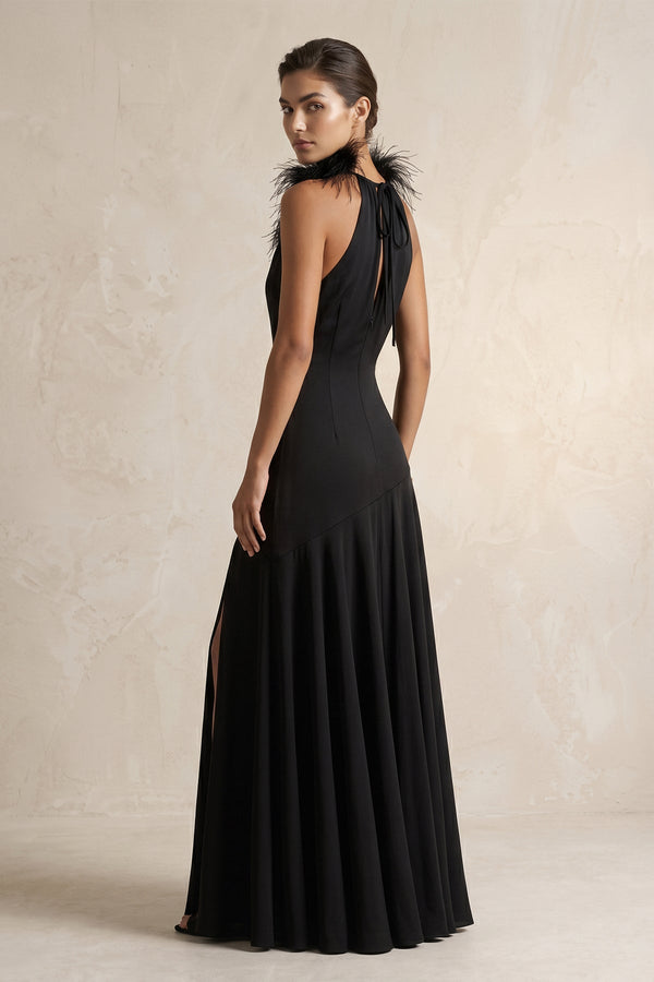 Halter Sheath Feather Satin Wedding Dress with Slit in Black - SHE IS ME Wedding Dresses