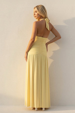 Halter Sheath Ruched Maxi Dress in Yellow - SHE IS ME Prom Dresses