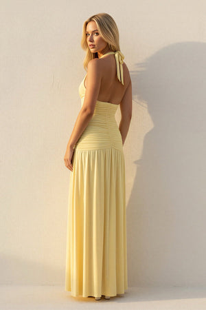 Halter Sheath Ruched Maxi Dress in Yellow - SHE IS ME Prom Dresses