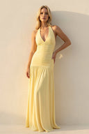 Halter Sheath Ruched Maxi Dress in Yellow - SHE IS ME Prom Dresses