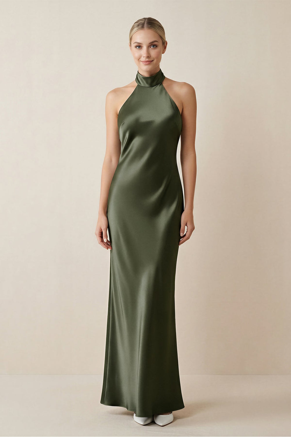 Halter Sheath Satin Bridesmaid Dress in Willow Green - SHE IS ME Bridesmaid Dresses