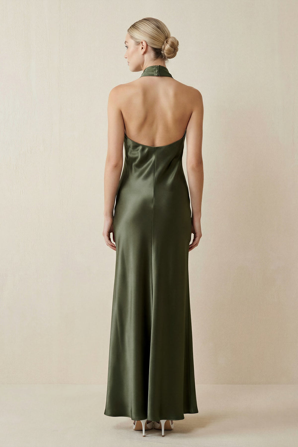 Halter Sheath Satin Bridesmaid Dress in Willow Green - SHE IS ME Bridesmaid Dresses