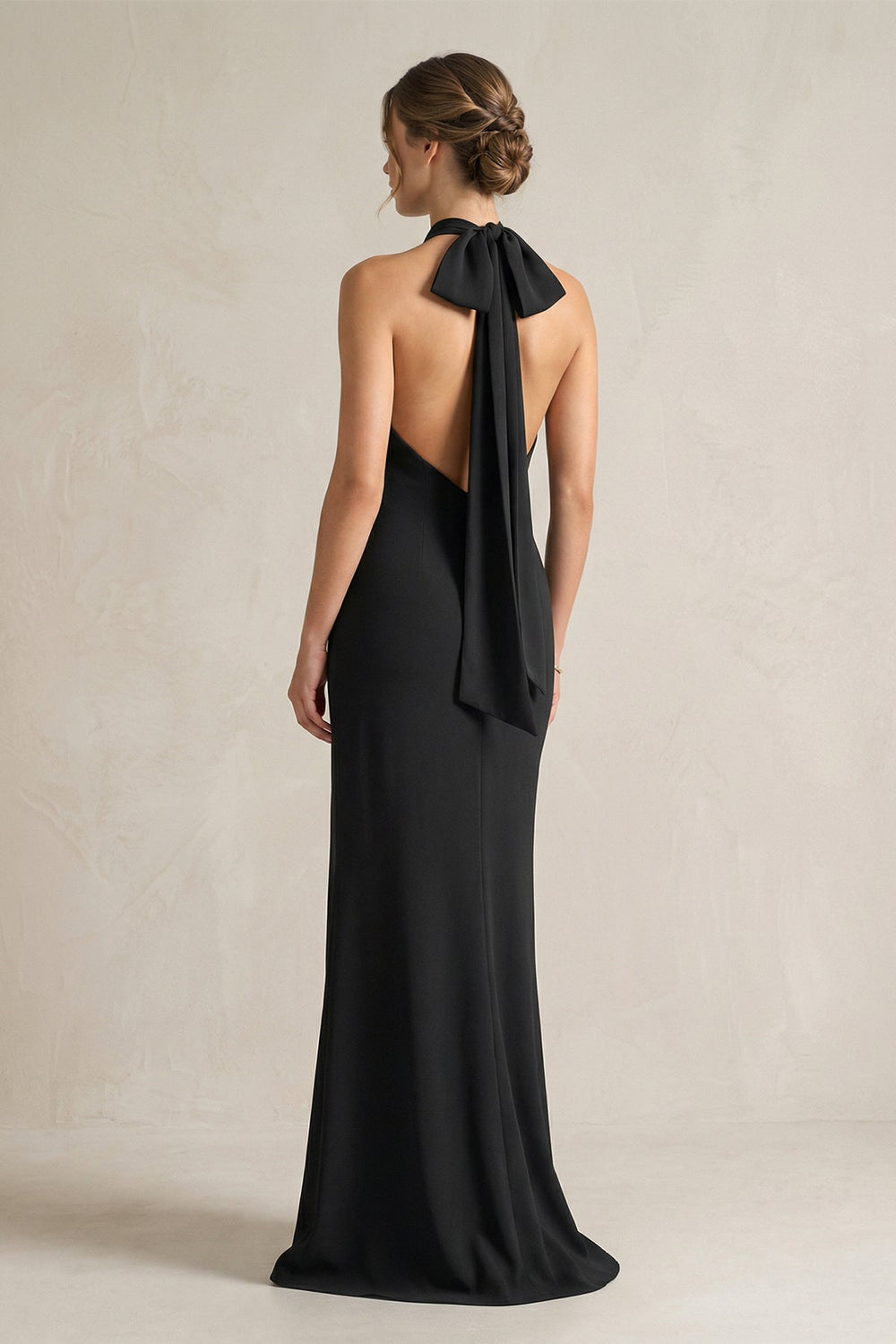 Halter Sheath Satin Bridesmaid Dress With Bow in Black - SHE IS ME Bridesmaid Dresses