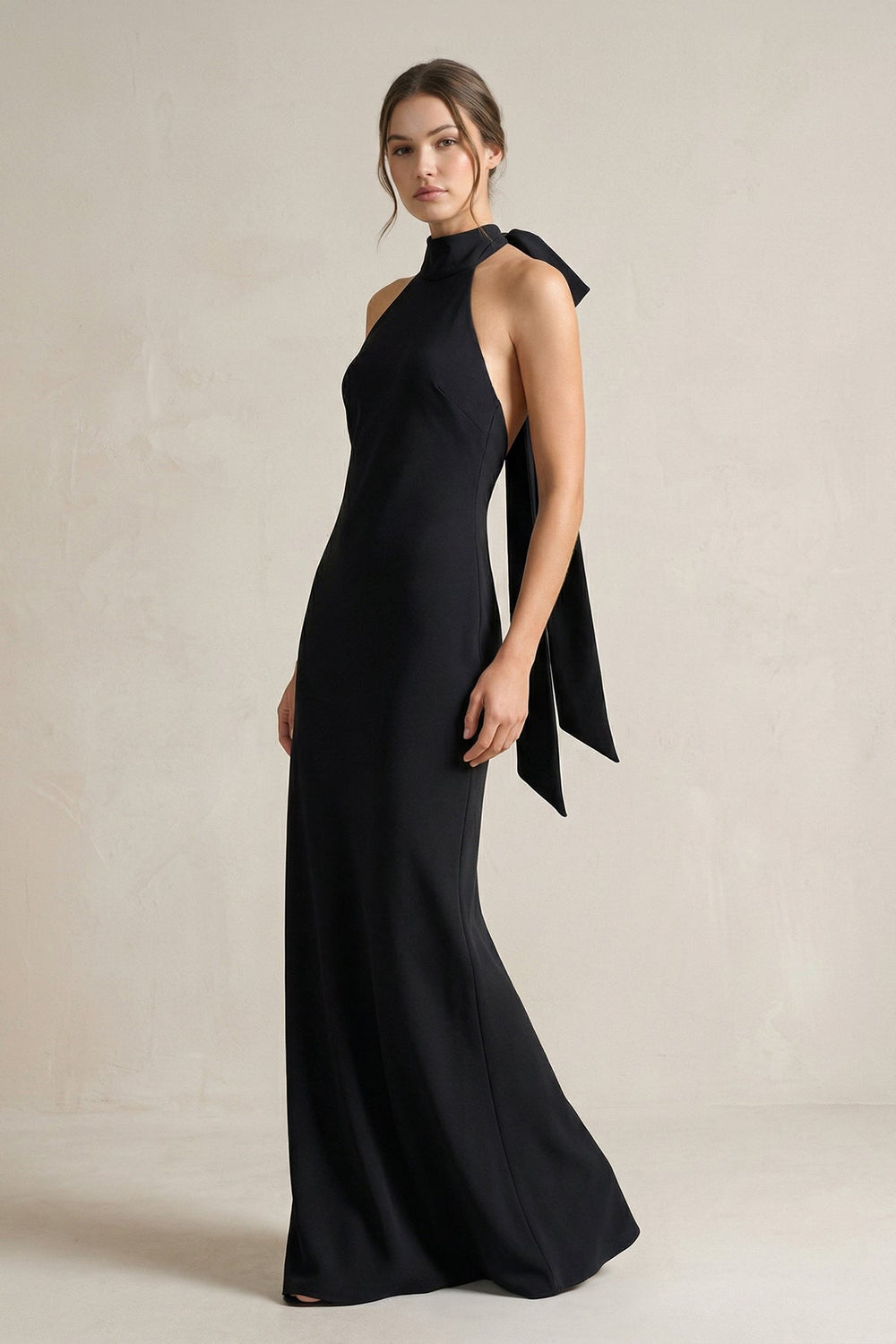 Halter Sheath Satin Bridesmaid Dress With Bow in Black - SHE IS ME Bridesmaid Dresses