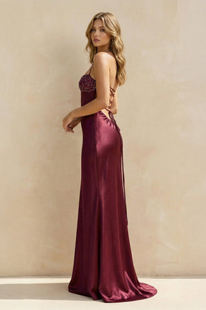 Halter Sheath Satin Maxi Dress With Sequins in Magenta - SHE IS ME PROM DRESSES