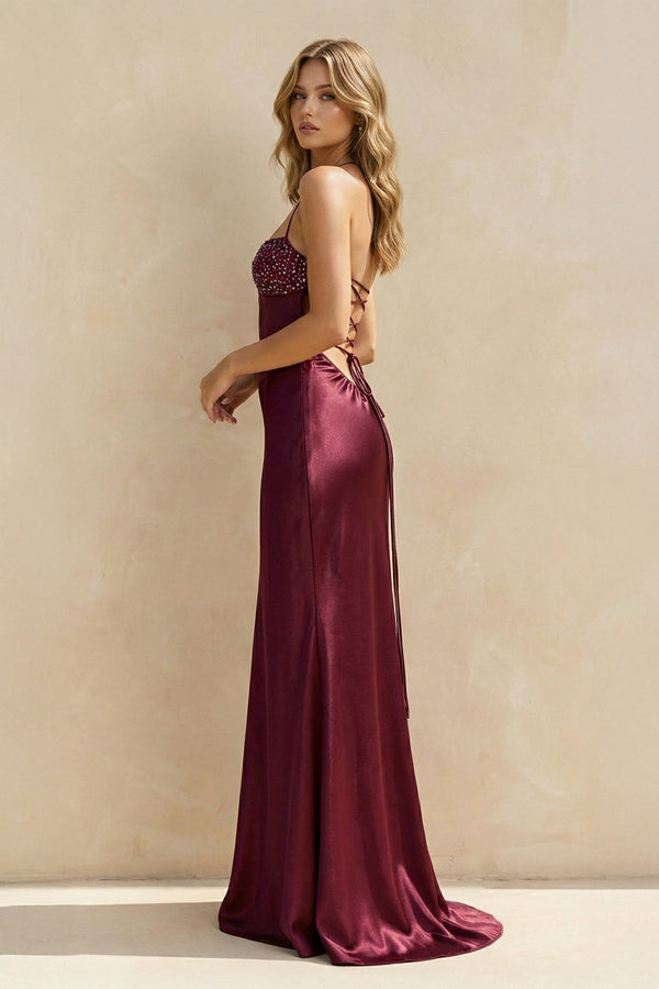 Halter Sheath Satin Maxi Dress With Sequins in Magenta - SHE IS ME PROM DRESSES