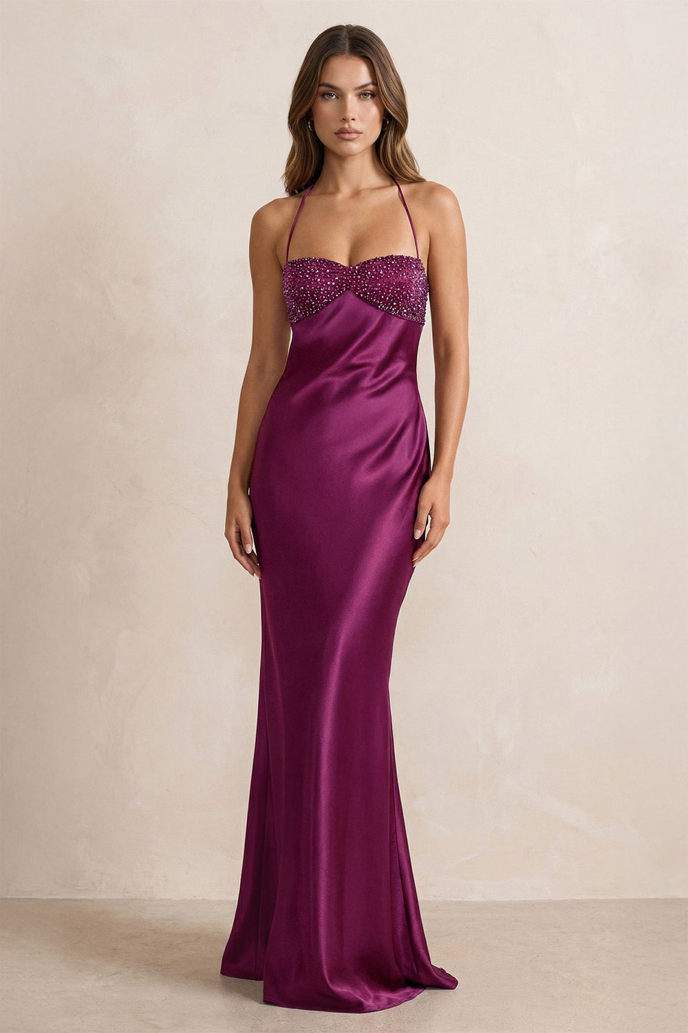 Halter Sheath Satin Maxi Dress With Sequins in Magenta - SHE IS ME PROM DRESSES
