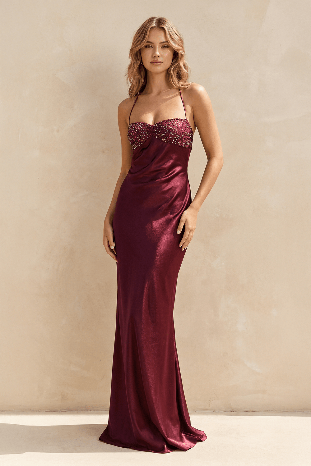Halter Sheath Satin Maxi Dress With Sequins in Magenta - SHE IS ME PROM DRESSES
