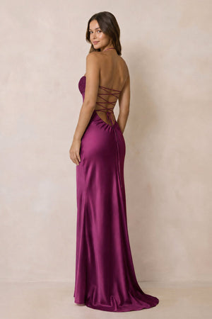 Halter Sheath Satin Maxi Dress With Sequins in Magenta - SHE IS ME PROM DRESSES