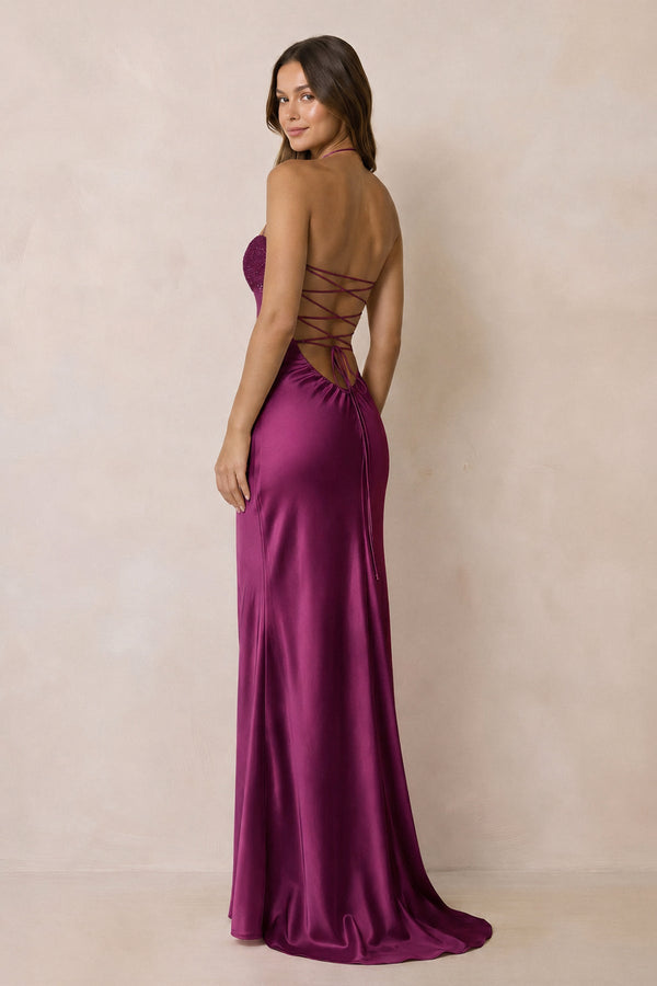 Halter Sheath Satin Maxi Dress With Sequins in Magenta - SHE IS ME PROM DRESSES