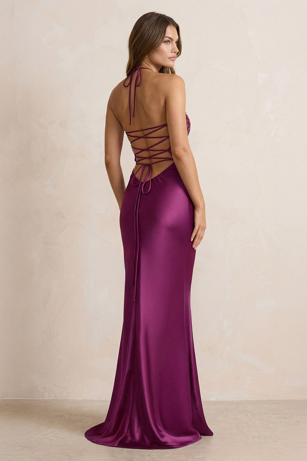 Halter Sheath Satin Maxi Dress With Sequins in Magenta - SHE IS ME PROM DRESSES