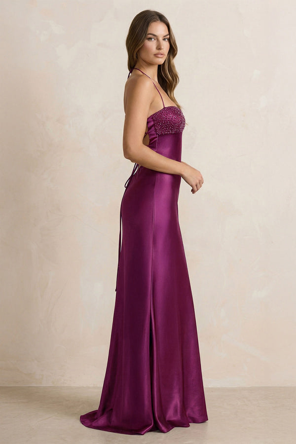 Halter Sheath Satin Maxi Dress With Sequins in Magenta