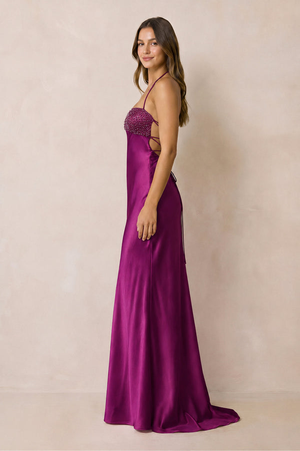 Halter Sheath Satin Maxi Dress With Sequins in Magenta - SHE IS ME Prom Dresses