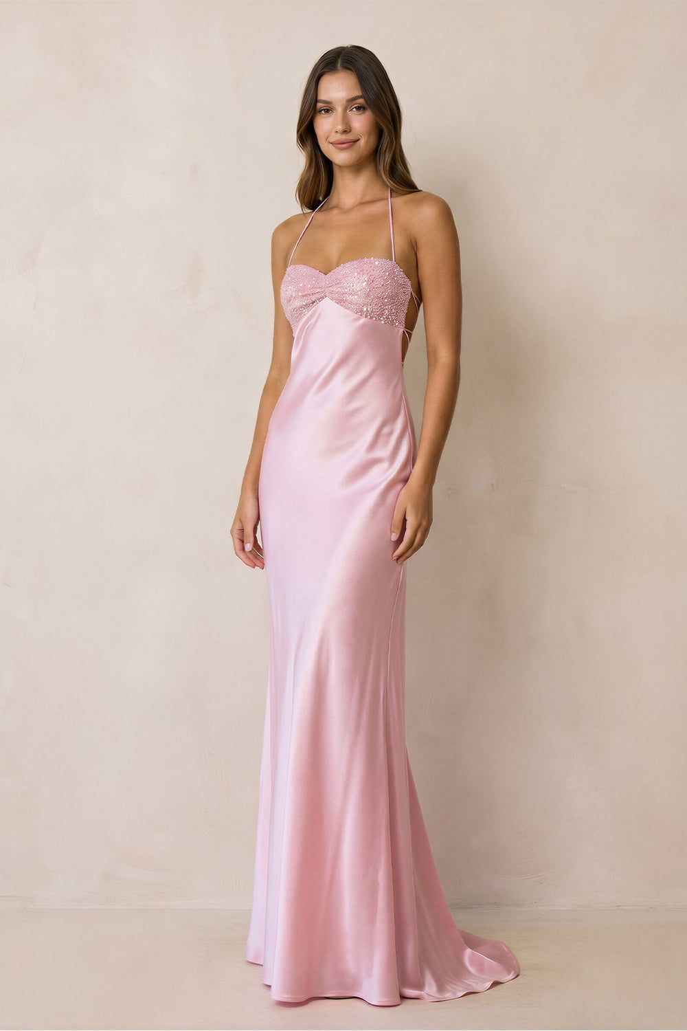 Halter Sheath Satin Maxi Dress With Sequins in Pink - SHE IS ME PROM DRESSES