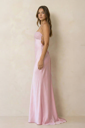 Halter Sheath Satin Maxi Dress With Sequins in Pink - SHE IS ME PROM DRESSES