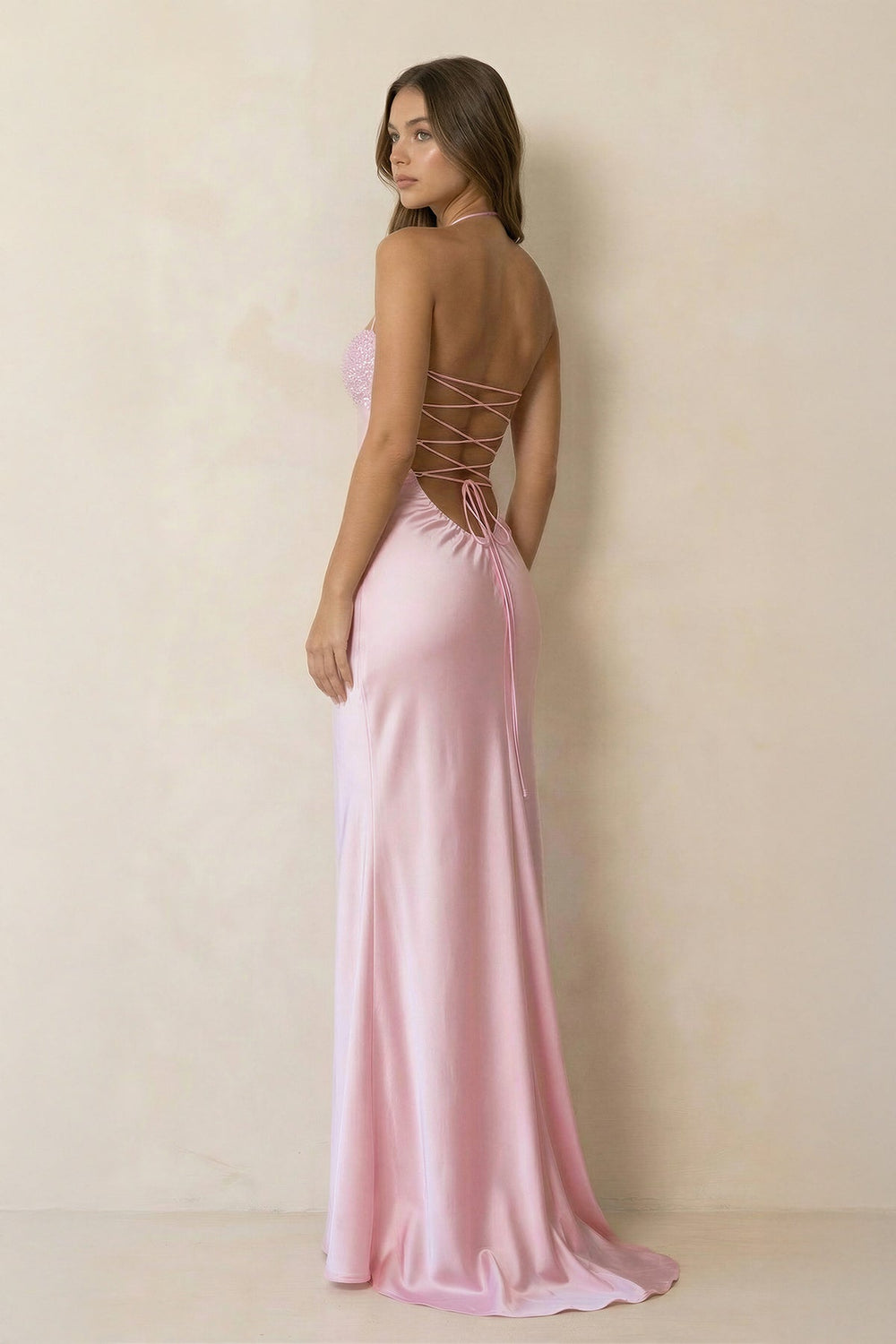 Halter Sheath Satin Maxi Dress With Sequins in Pink - SHE IS ME PROM DRESSES