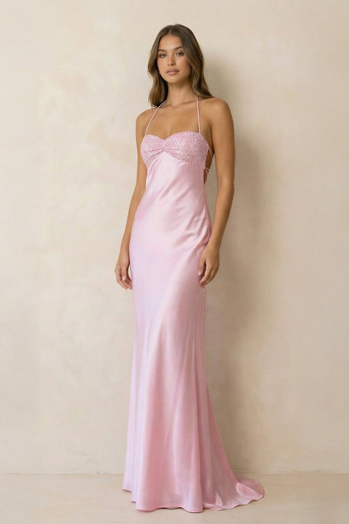 Halter Sheath Satin Maxi Dress With Sequins in Pink - SHE IS ME PROM DRESSES
