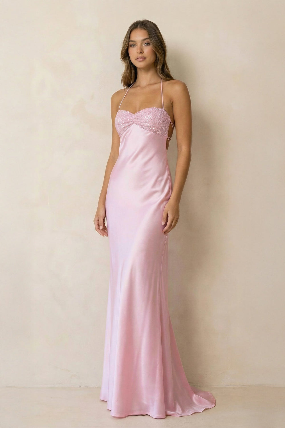 Halter Sheath Satin Maxi Dress With Sequins in Pink - SHE IS ME PROM DRESSES
