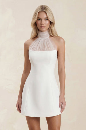 Halter Sheath Satin Mini Wedding Dress in White - SHE IS ME Wedding Dresses