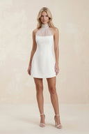 Halter Sheath Satin Mini Wedding Dress in White - SHE IS ME Wedding Dresses