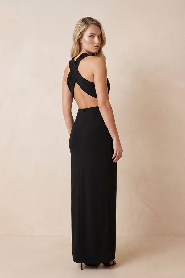 Halter Sheath Stretch Satin Maxi Dress in Black - SHE IS ME Dresses
