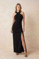 Halter Sheath Stretch Satin Maxi Dress in Black - SHE IS ME Dresses