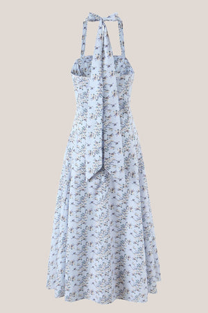 Halter Vintage Rose Printed A - Line Cotton Midi Dress in Blue - SHE IS ME Dresses