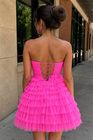 Hot Pink Keyhole Strapless A-Line Ruffles Short Homecoming Dress - SHEISME
