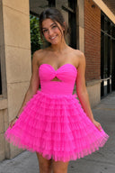 Hot Pink Keyhole Strapless A-Line Ruffles Short Homecoming Dress - SHEISME