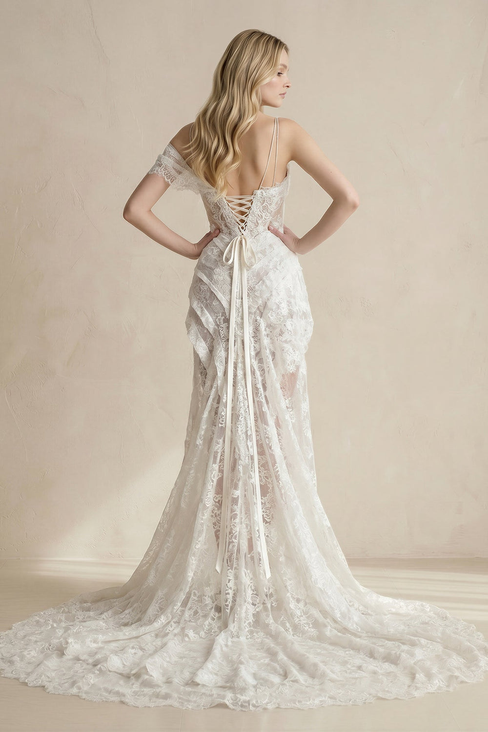 High - Low Lace Plunging Ruched Wedding Dress in White - SHE IS ME Wedding Dresses