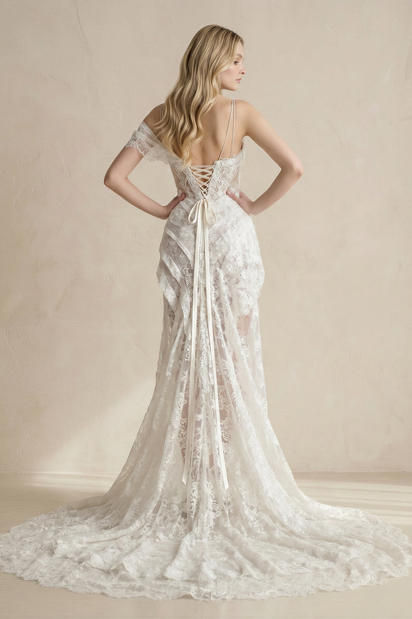 High - Low Lace Plunging Ruched Wedding Dress in White - SHE IS ME Wedding Dresses
