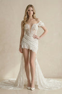 High - Low Lace Plunging Ruched Wedding Dress in White - SHE IS ME Wedding Dresses