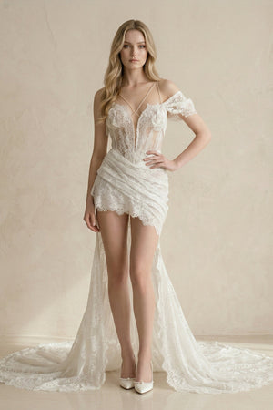 High - Low Lace Plunging Ruched Wedding Dress in White - SHE IS ME Wedding Dresses