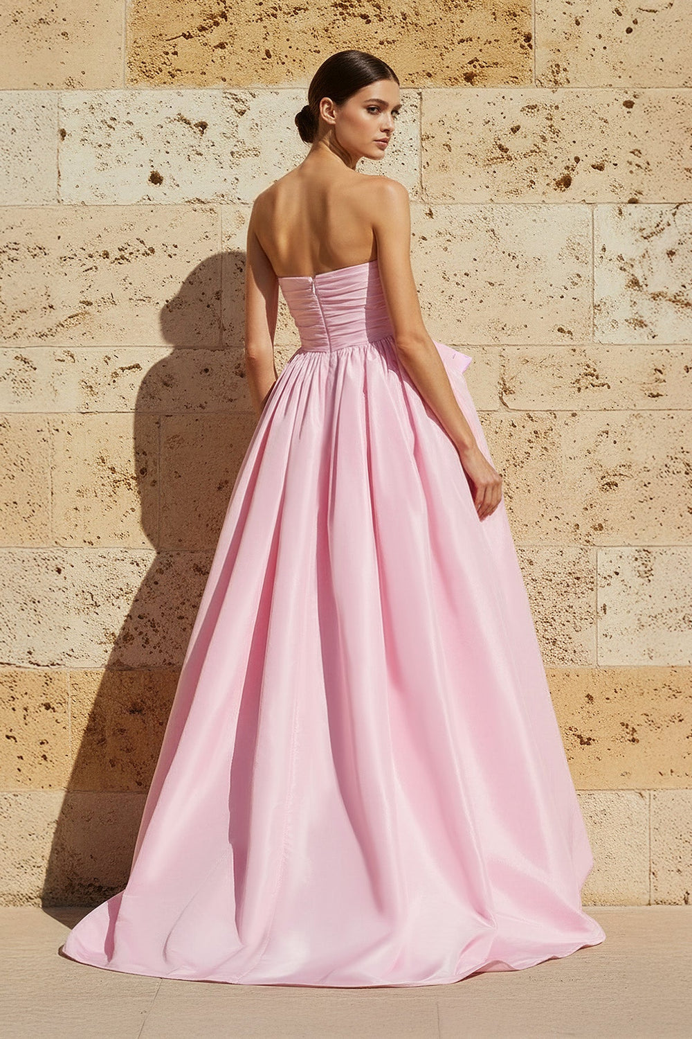 High - Low Ruched Strapless Gown in Pink - SHE IS ME