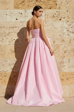 High - Low Ruched Strapless Gown in Pink - SHE IS ME