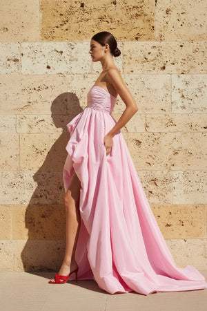 High - Low Ruched Strapless Gown in Pink - SHE IS ME