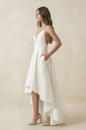 High - Low Satin V - Neck A - Line Wedding Dress in White - SHE IS ME Wedding Dresses