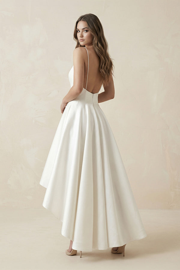 High - Low Satin V - Neck A - Line Wedding Dress in White - SHE IS ME Wedding Dresses