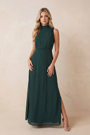 High Neck A-Line Chiffon Maxi Dress with Slit in Dark Green – SHE IS ME Dresses