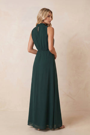High Neck A-Line Chiffon Maxi Dress with Slit in Dark Green – SHE IS ME Dresses