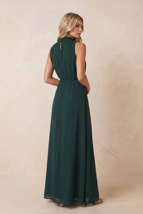 High Neck A-Line Chiffon Maxi Dress with Slit in Dark Green – SHE IS ME Dresses
