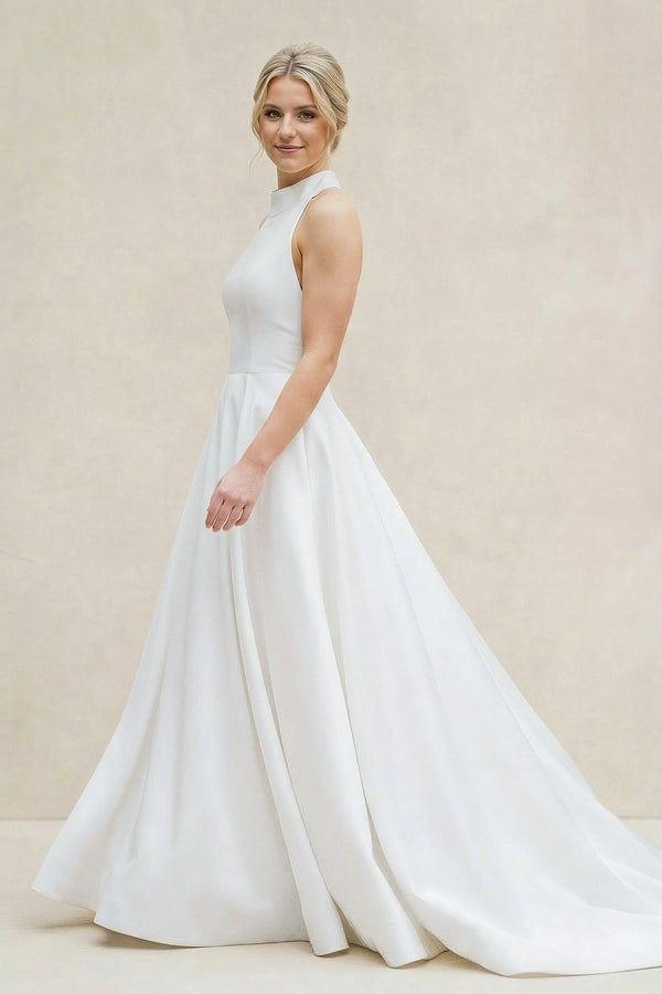 High Neck A - Line Satin Wedding Dress in White - SHE IS ME Wedding Dresses