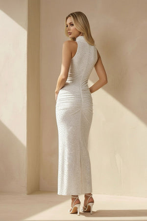 High Neck Beaded Midi Dress in White - SHE IS ME